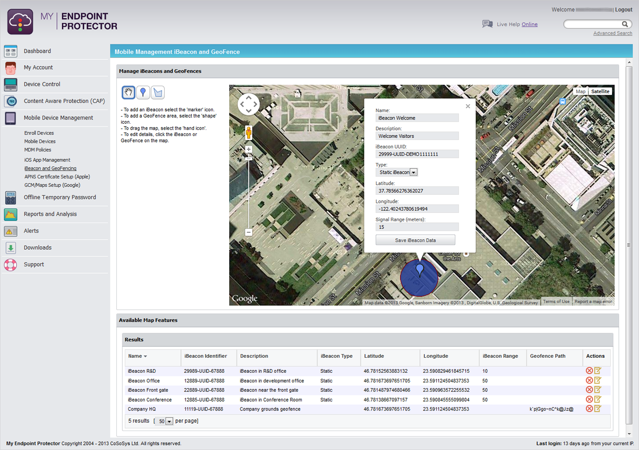 Verwalten Sie iBeacons™ und Geo-Fences